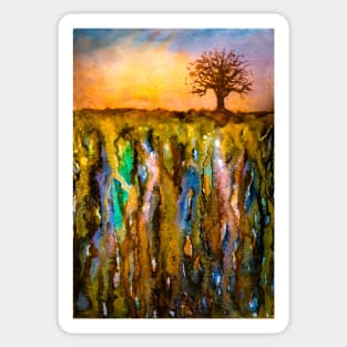 Watercolor abstract landscape and single tree Sticker